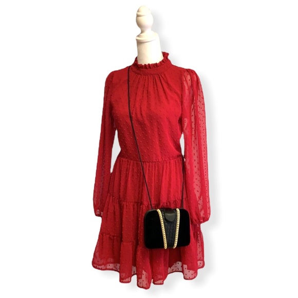 Altar’d State Rich Ruby Red Long Sleeve Tiered High Neck Swiss Dot Holiday Dress - Picture 9 of 11